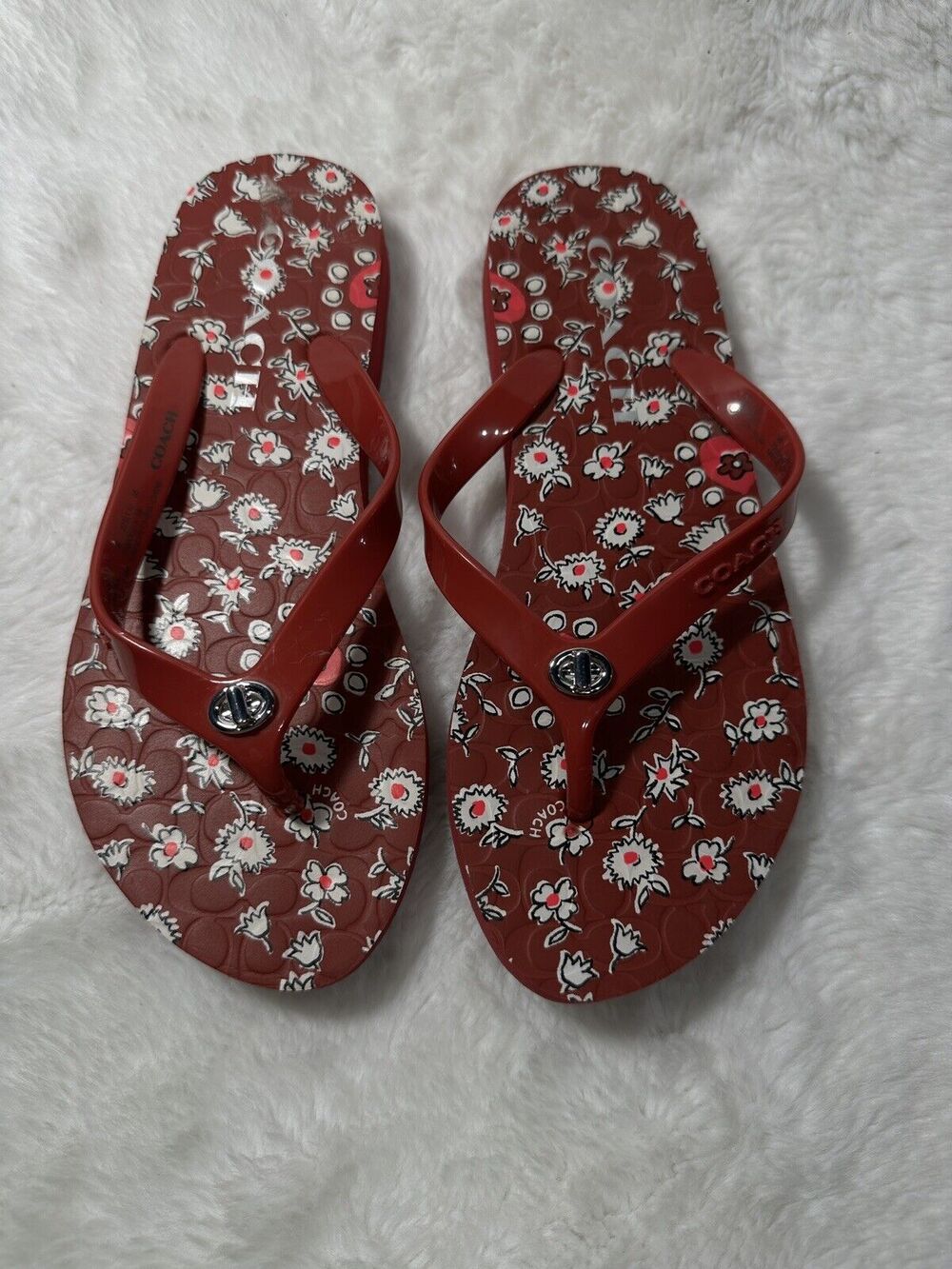 Women's COACH Abbigail Red white Floral Flip Flops Size 5